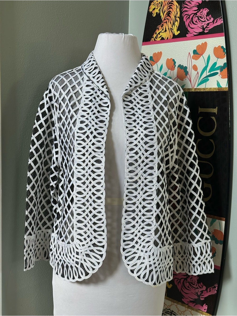 Weavz Openwork Lattice Crochet-Style Black & White Mother of Bride Mesh Jacket